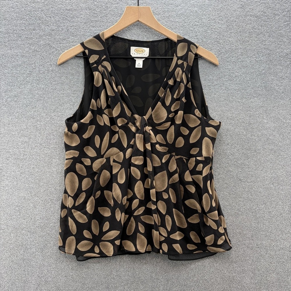 Talbots Blouse Women 14 Petite Black Tan Print Silk Sleeveless Layer Career Top
